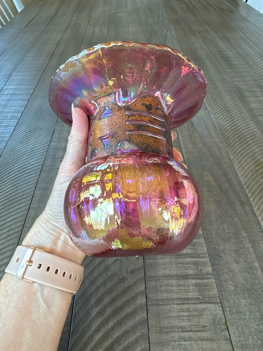Vintage Silvestri Mouth-Blown Iridescent Pink/Purple Glass Vase W/Cage Neck Ring